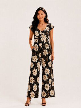 Old Navy Black, Cream & Brown Floral Print Wide-Leg Jumpsuit, Petite XL